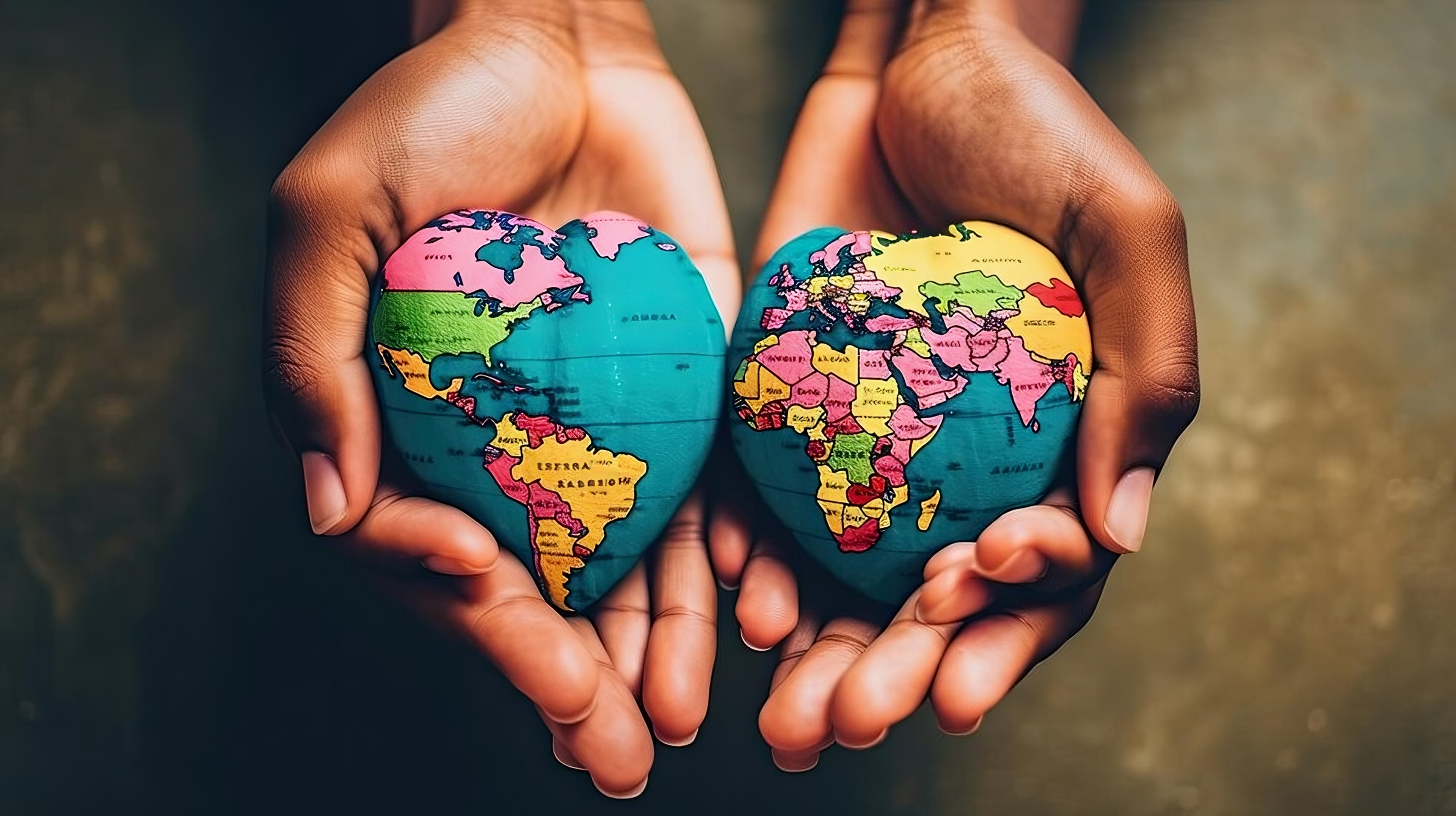 showing two heart shaped earth in between two hands